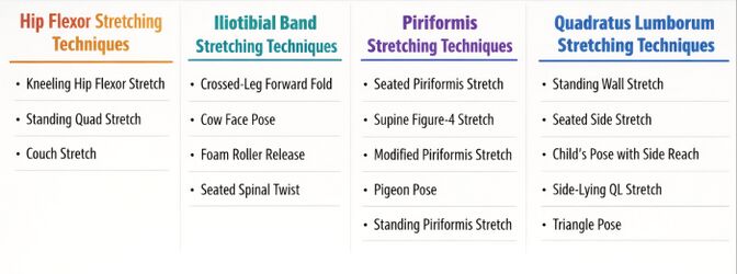 Infographic showing stretching techniques for Hip Flexor, Iliotibial Band, Piriformis and Quadratus Lumborum muscles - Pelvic Asymmetry