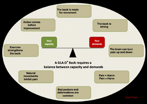 Diagram illustrating the core educational messages of the GLA:D Back programme, centred around a balance between capacity and demands. Key messages include: the back is made for movement, the back is strong, exercise strengthens the back, natural movements inhibit pain, bad posture and deformations are common, pain equals alarm but not harm, the brain can turn pain up and down, and action comes before improvement.