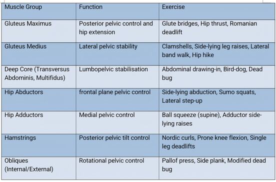 Infographic showing strengthening exercises for muscle groups and their functions which are responsible for pelvic asymmetry.